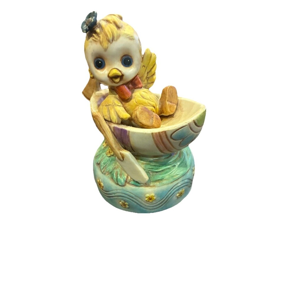 Vtg Narco Japan Easter Music Box Kitsch Ceramic Bird Chick Rowing Egg Boat Works
